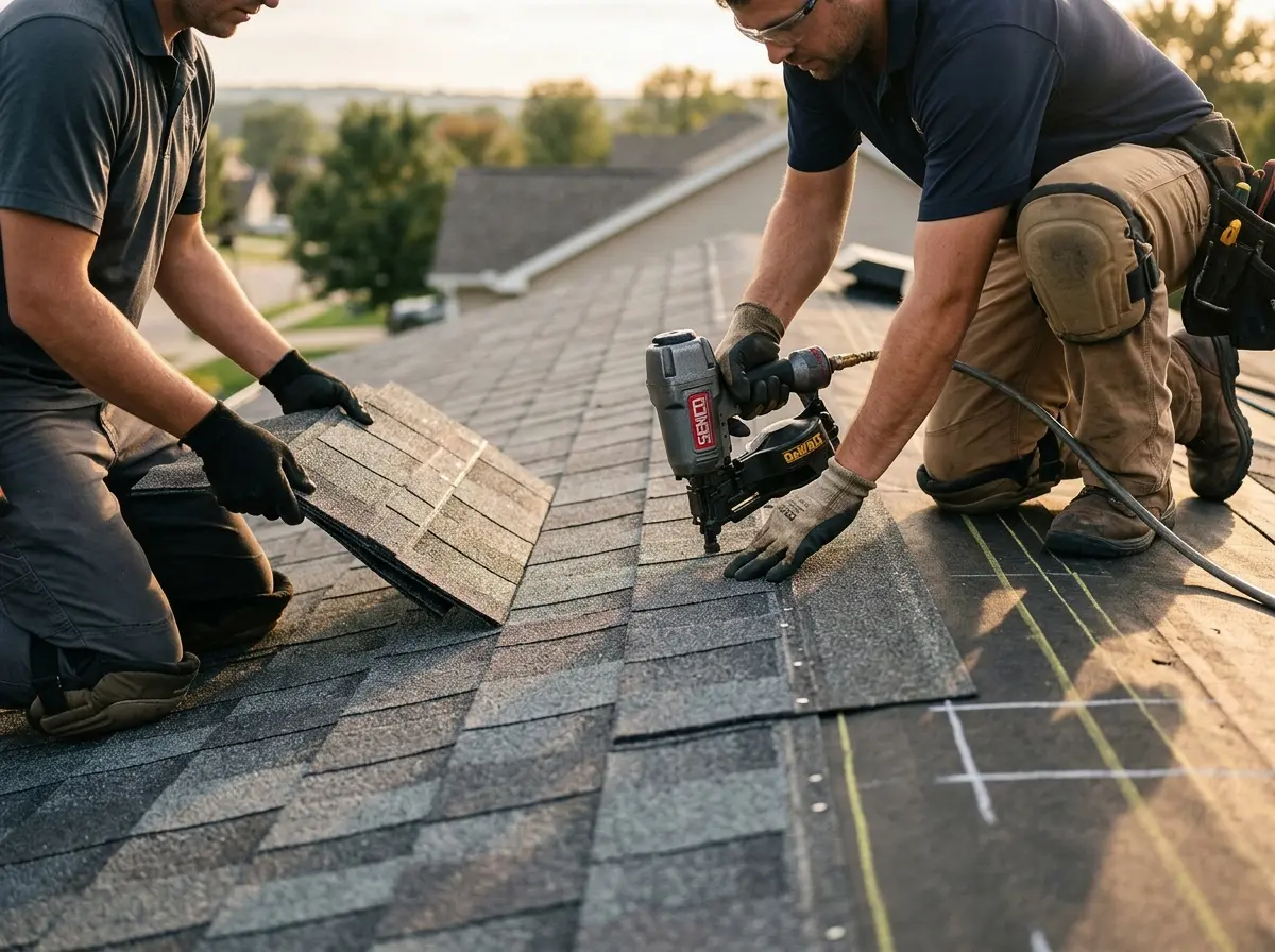 Professional roofer working on a residential roof in Fort Lewis